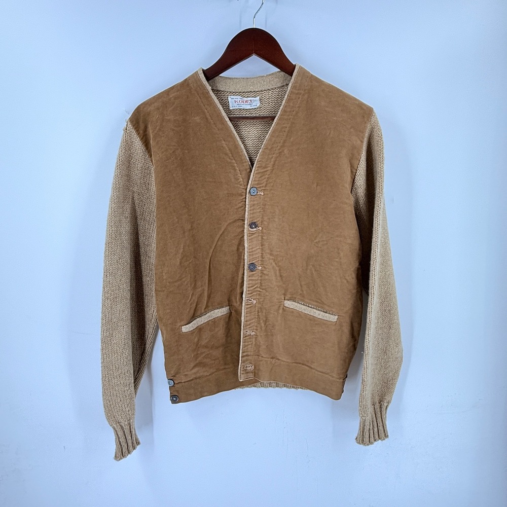 Kodel Cardigan Sweater Brown Tan Wool Blend Vintage Mixed Media Corduroy Knit